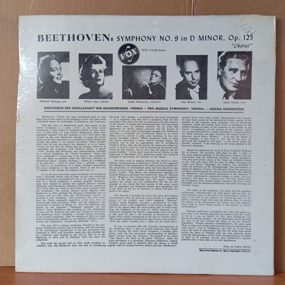 BEETHOVEN: SYMPHONY NO. 9 IN D MINOR, OP. 125 ''CHORAL'' / SINGVEREIN DER GESELLSCHAFT DER MUSIKFREUNDE, VIENNA - PRO MUSICA SYMPHONY, VIENNA CONDUCTED BY JASCHA HORENSTEIN - LP DÖNEM BASKISI SIFIR PLAK