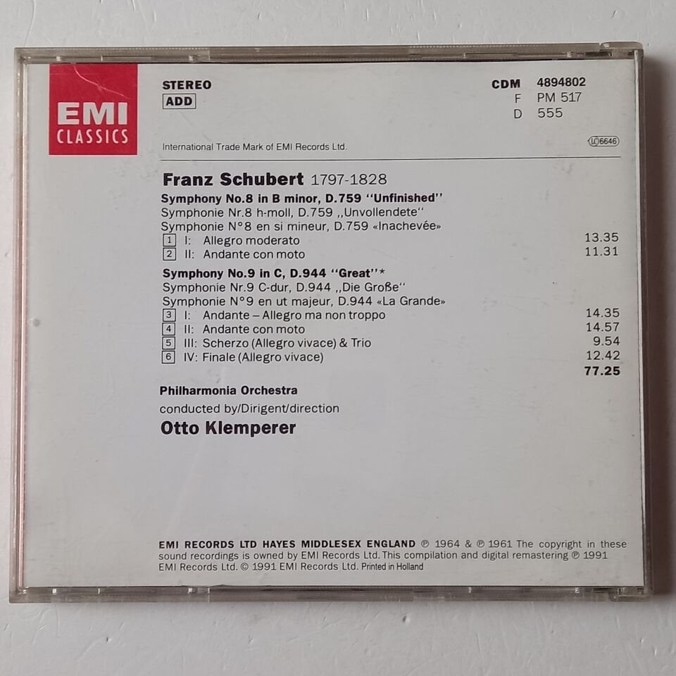 SCHUBERT: SYMPHONIE NO. 8 & 9 - OTTO KLEMPERER, PHILHARMONIA ORCHESTRA (1991) - CD 2.EL