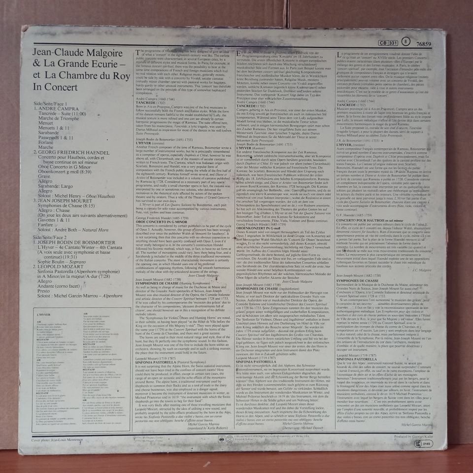MALGOIRE & LA GRANDE ECURIE IN CONCERT / CAMPRA, HANDEL, MOURET, BOISMORTIER, L. MOZART (1969) - LP 2.EL PLAK