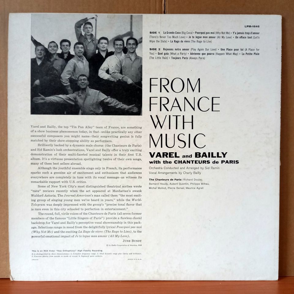 VAREL AND BAILLY WITH THE CHANTEURS DE PARIS – FROM FRANCE WITH MUSIC (1958) - LP 2.EL PLAK