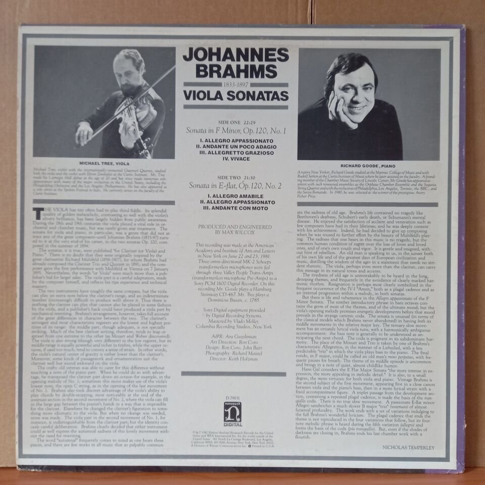 BRAHMS: VIOLA SONATAS / MICHAEL TREE, RICHARD GOODE (1982) - LP 2.EL PLAK
