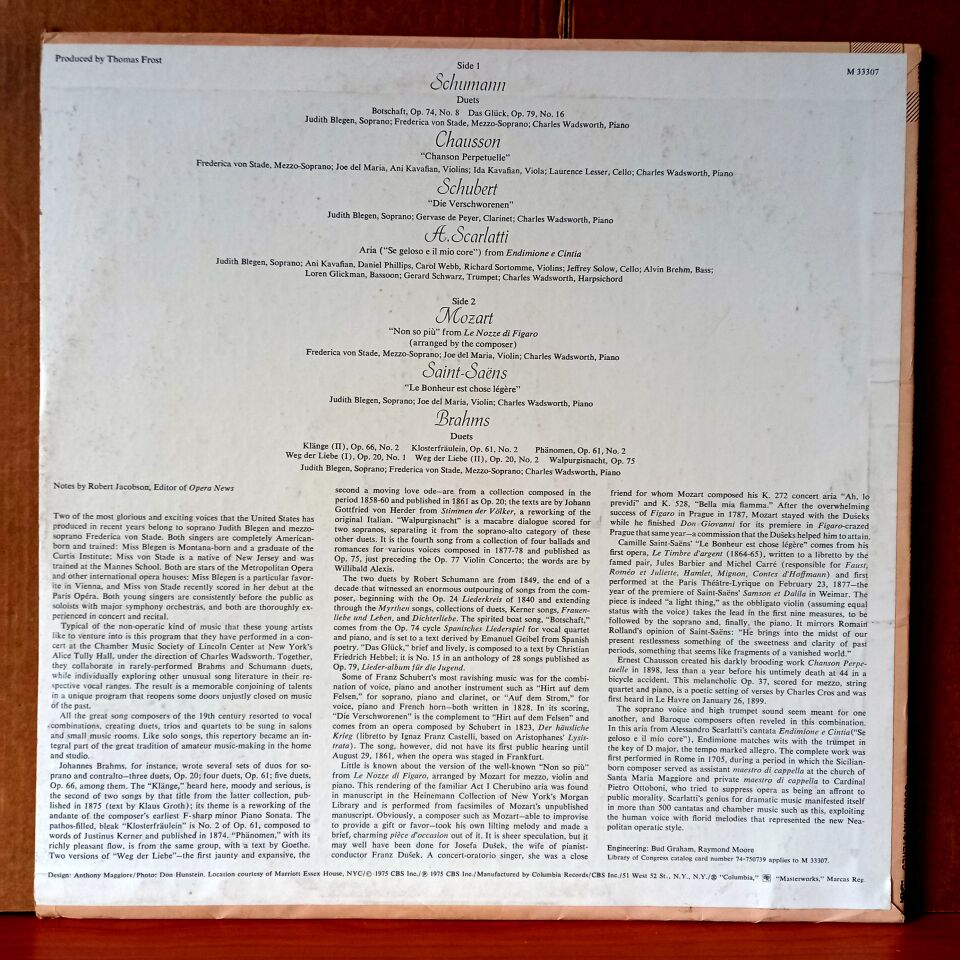 JUDITH BLEGEN, FREDERICA VON STADE – ARIAS AND DUETS / SCHUBERT, MOZART, SAINT-SAENS, CHAUSSON, SCARLATTI, BRAHMS, SCHUMANN (1975) - LP 2.EL PLAK