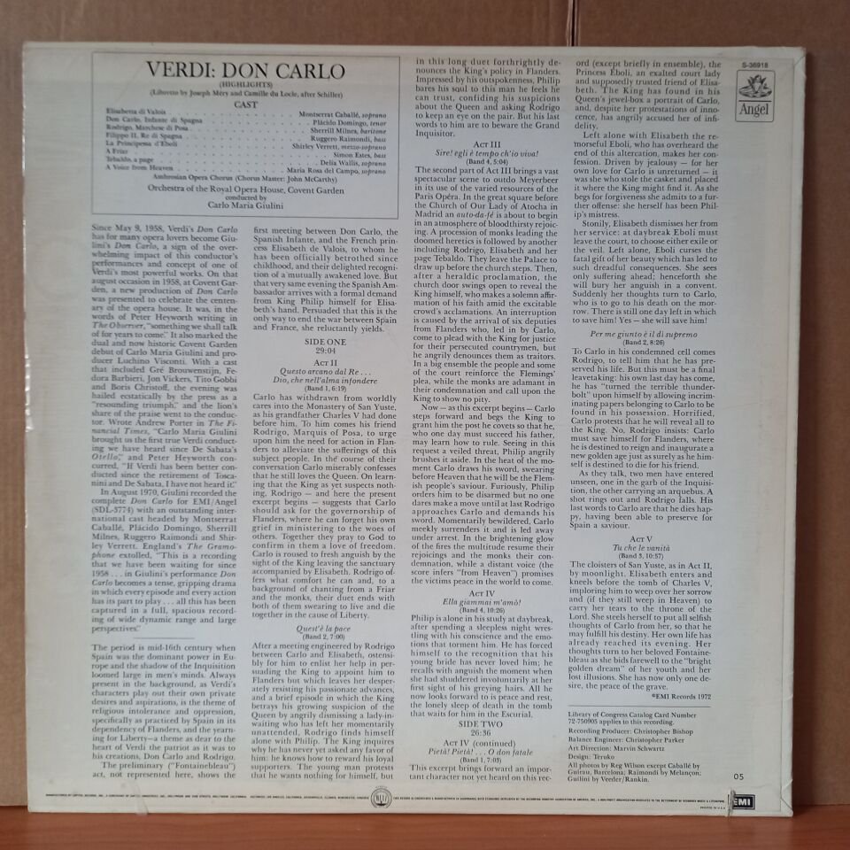 VERDI: DON CARLO HIGHLIGHTS / PLACIDO DOMINGO, MONTSERRAT CABALLE, SHERRILL MILNES, RUGGERO RAIMONDI, SHIRLEY VERRETT, CARLO MARIA GIULINI, THE AMBROSIAN OPERA CHORUS, ORCHESTRA OF THE ROYAL OPERA HOUSE, COVENT GARDEN (1972) - LP 2.EL PLAK