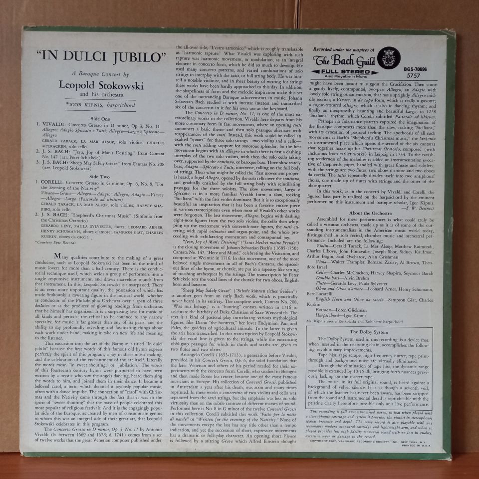 IN DULCI JUBILO: A BAROQUE CONCERT BY LEOPOLD STOKOWSKI AND HIS SYMPHONY ORCHESTRA / VIVALDI, BACH, CORELLI (1967) - LP 2.EL PLAK