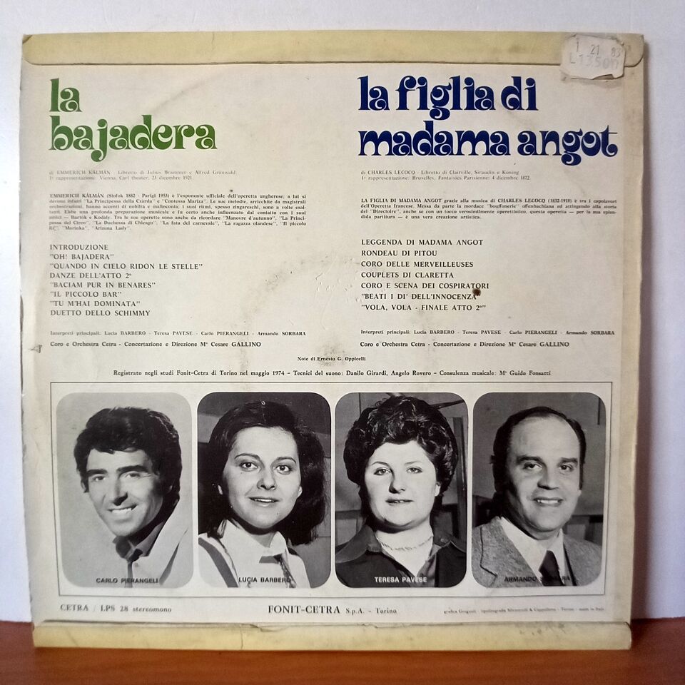 LA BAJADERA / LA FIGLIA DI MADAMA ANGOT / CARLO PIERANGELI, LUCIA BARBERO, TERESA PAVESE, ARMANDO SORBARA (1974) - LP 2.EL PLAK