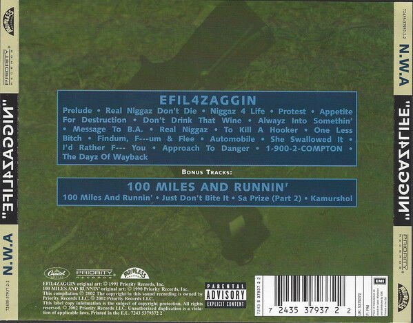 N.W.A – EFIL4ZAGGIN / 100 MILES AND RUNNIN' (1991) - CD REMASTERED 2002 REISSUE JEWEL CASE AMBALAJINDA SIFIR