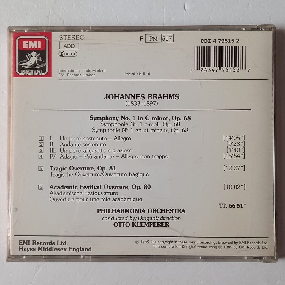 BRAHMS: SYMPHONIE NO. 1 - PHILHARMONIA ORCHESTRA, OTTO KLEMPERER (1958) - CD REMASTERED 1989 REISSUE 2.EL