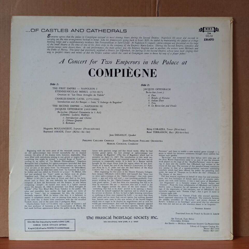 A CONCERT AT THE PALACE OF COMPIEGNE /JACQUES OFFENBACH, ETIENNE-NICOLAS MEHUL, CHARLES-SIMON CATEL  / PHILIPPE CAILLARD CHORALE, JEAN-FRANÇOIS PAILLARD ORCHESTRA, MARCEL COURAUD - LP 2.EL PLAK