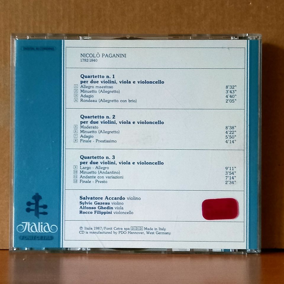 NICOLO PAGANINI: I TRE QUARTETTI PER ARCHI / SALVATORE ACCARDO, SYLVIE GAZEAU, ALFONSO GHEDIN, ROCCO FILIPPINI (1987) - CD 2.EL