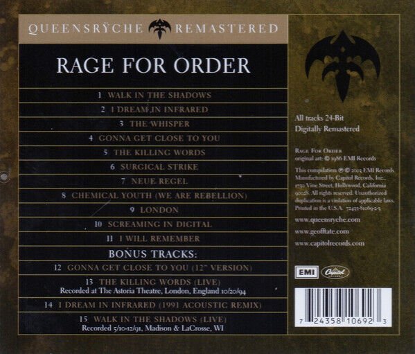 QUEENSRŸCHE – RAGE FOR ORDER (1986) - CD REMASTERED 2003 REISSUE JEWEL CASE AMBALAJINDA SIFIR