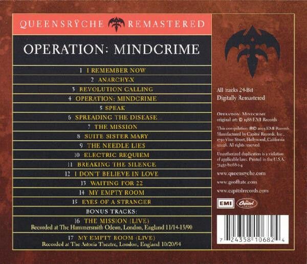 QUEENSRŸCHE – OPERATION: MINDCRIME (1988) - CD REMASTERED 2003 REISSUE JEWEL CASE AMBALAJINDA SIFIR