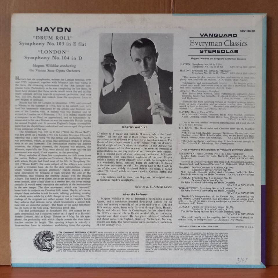 HAYDN: DRUM ROLL - SYMPHONY NO. 103 IN E FLAT / LONDON - SYMPHONY NO. 104 IN D / MOGENS WÖLDIKE CONDUCTING THE VIENNA STATE OPERA ORCHESTRA (1965) - LP 2.EL PLAK