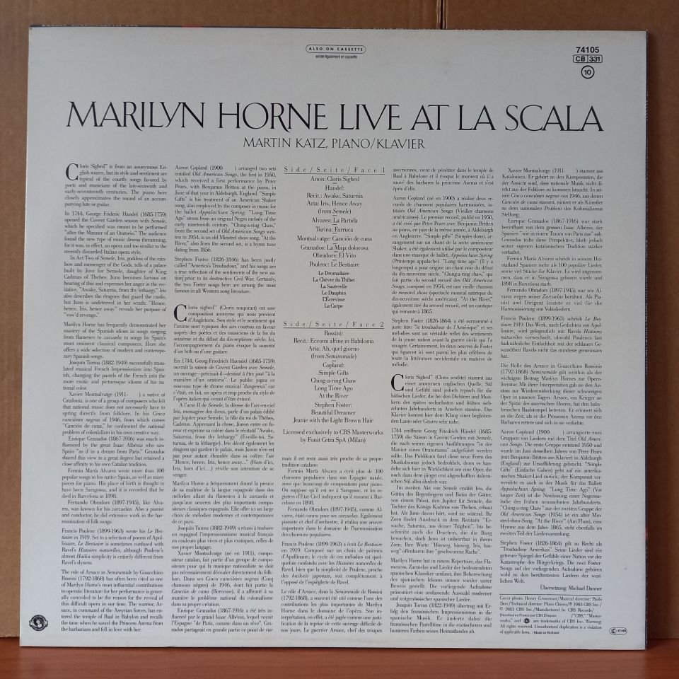 MARILYN HORNE - LIVE AT LA SCALA / MARTIN KATZ (1983) - LP 2.EL PLAK