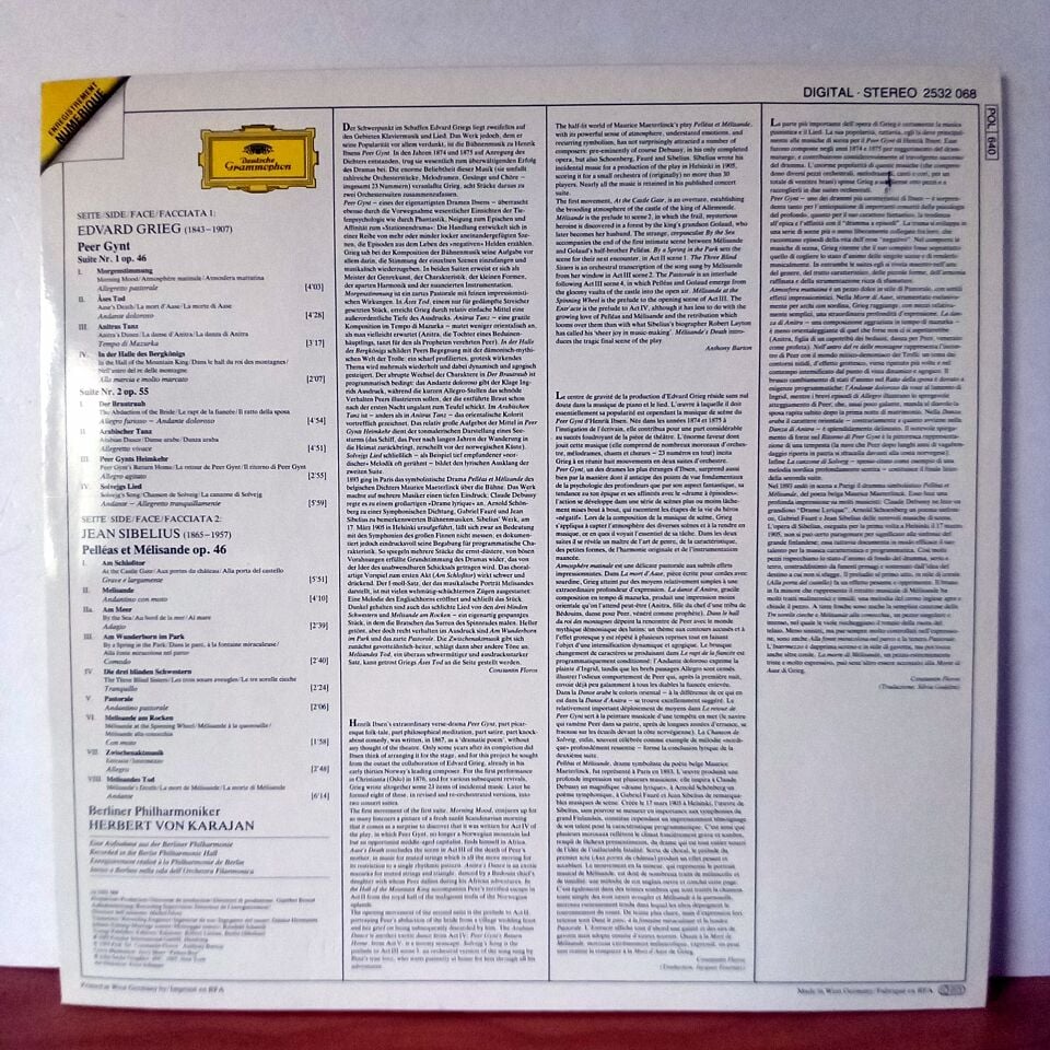 GRIEG: PEER GYNT SUITES 1 & 2, SIBELIUS: PELLEAS ET MELISANDE / BERLINER PHILHARMONIKER, HERBERT VON KARAJAN (1983) - LP 2.EL PLAK