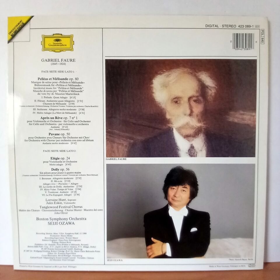 FAURE: PELLEAS ET MELISANDE • DOLLY / SEIJI OZAWA, BOSTON SYMPHONY ORCHESTRA, TANGLEWOOD FESTIVAL CHORUS, LORRAINE HUNT, JULES ESKIN  (1987) - LP 2.EL PLAK
