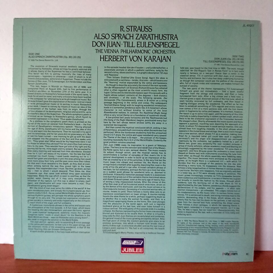 R. STRAUSS: ALSO SPRACH ZARATHUSTRA - DON JUAN - TILL EULENSPIEGEL / THE VIENNA PHILHARMONIC ORCHESTRA, HERBERT VON KARAJAN (1982) - LP 2.EL PLAK