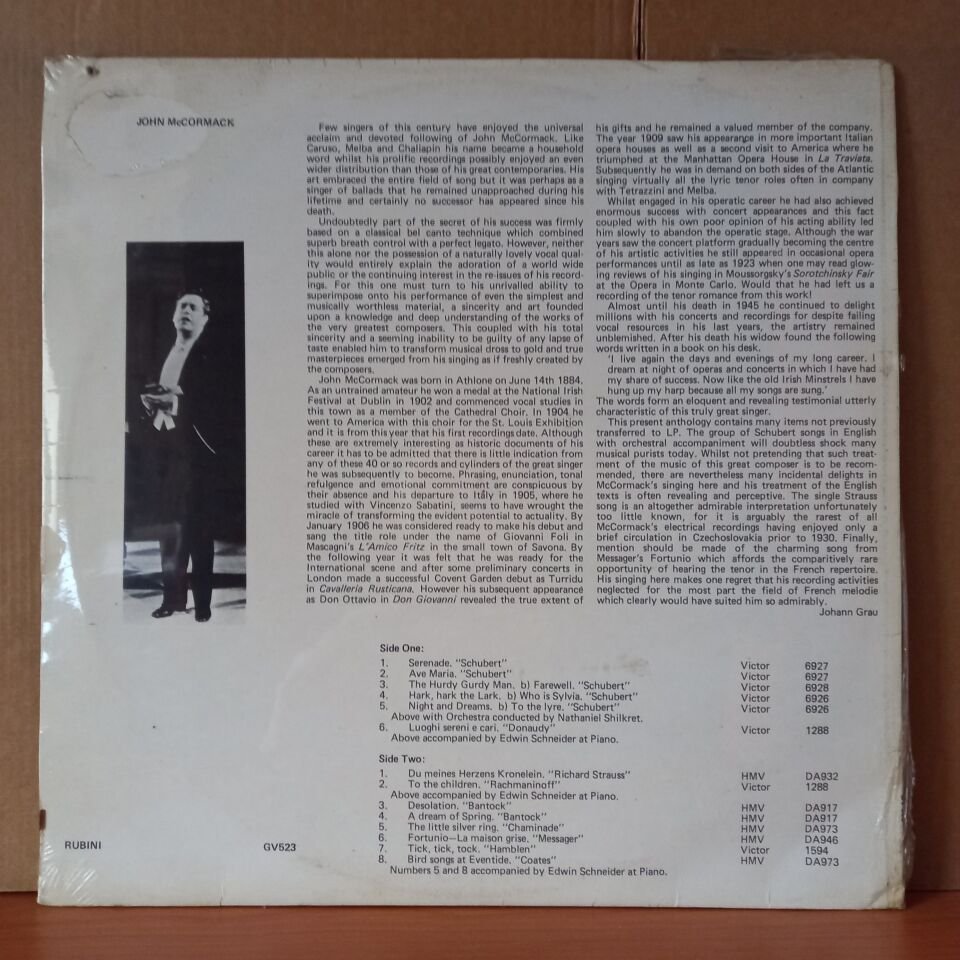 JOHN MCCORMACK – RECITAL / SCHUBERT, STRAUSS, RACHMANINOFF, BANTOCK, MESSAGER, HAMBLEN - LP DÖNEM BASKISI SIFIR PLAK