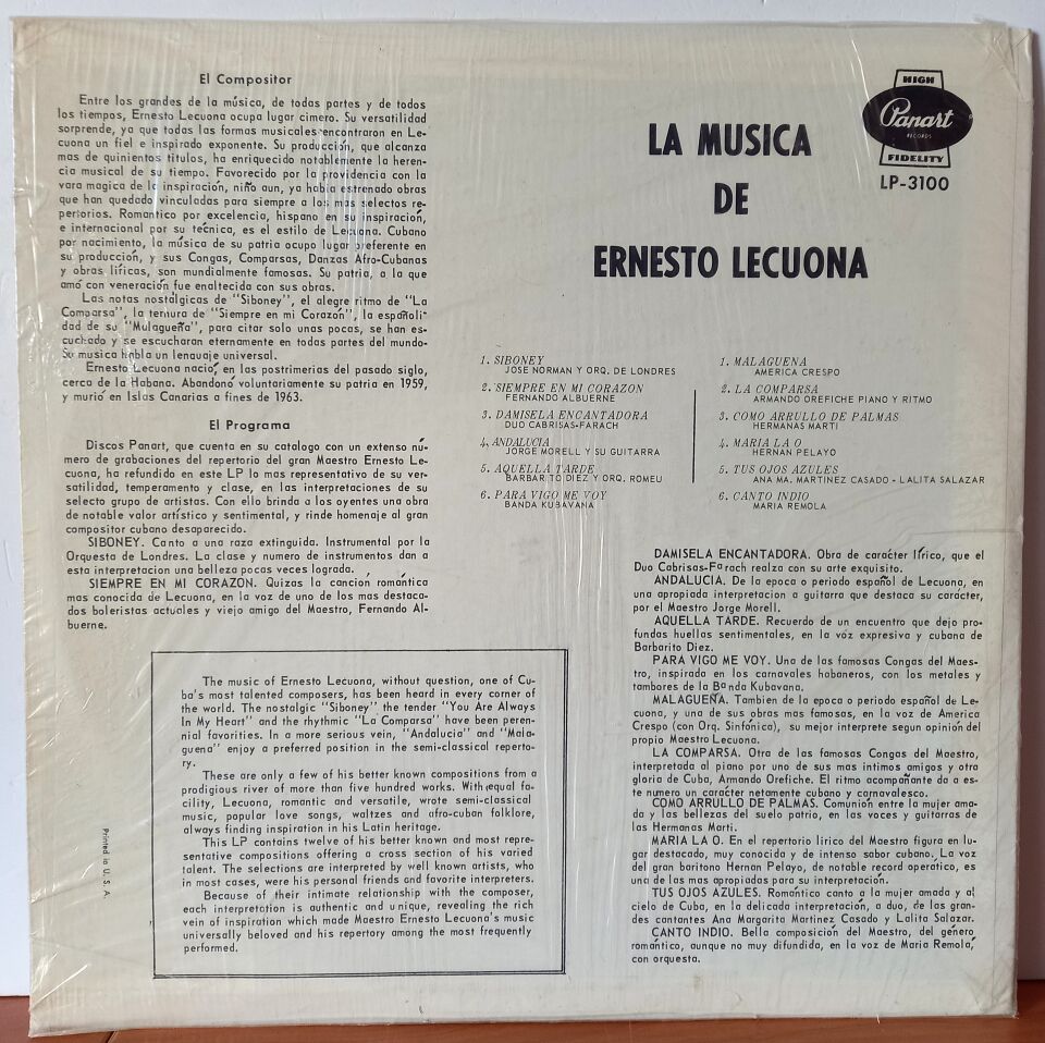 ERNESTO LECUONA – LA MUSICA DE ERNESTO LECUONA - LP 2.EL PLAK
