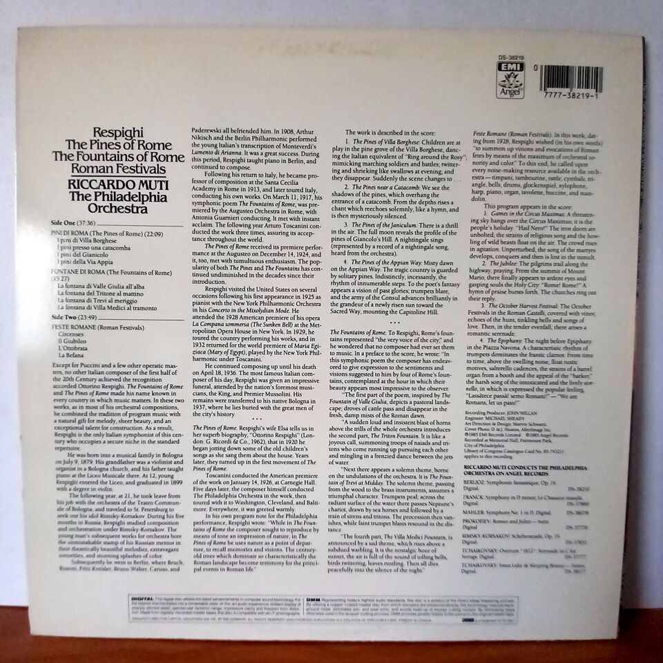 RESPIGHI: THE PINES OF ROME / THE FOUNTAINS OF ROME / ROMAN FESTIVALS / RICCARDO MUTI, THE PHILADELPHIA ORCHESTRA (1985) - LP 2.EL PLAK
