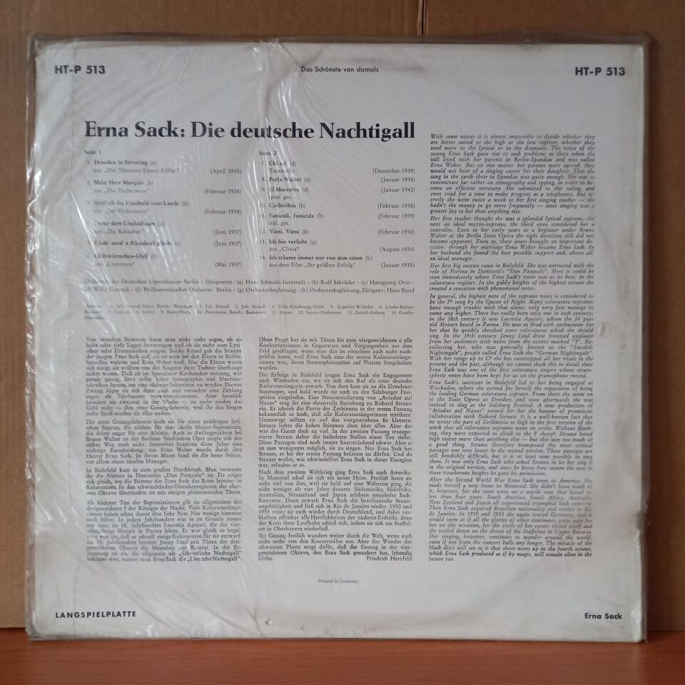 ERNA SACK – DIE DEUTSCHE NACHTIGALL - LP DÖNEM BASKISI SIFIR PLAK