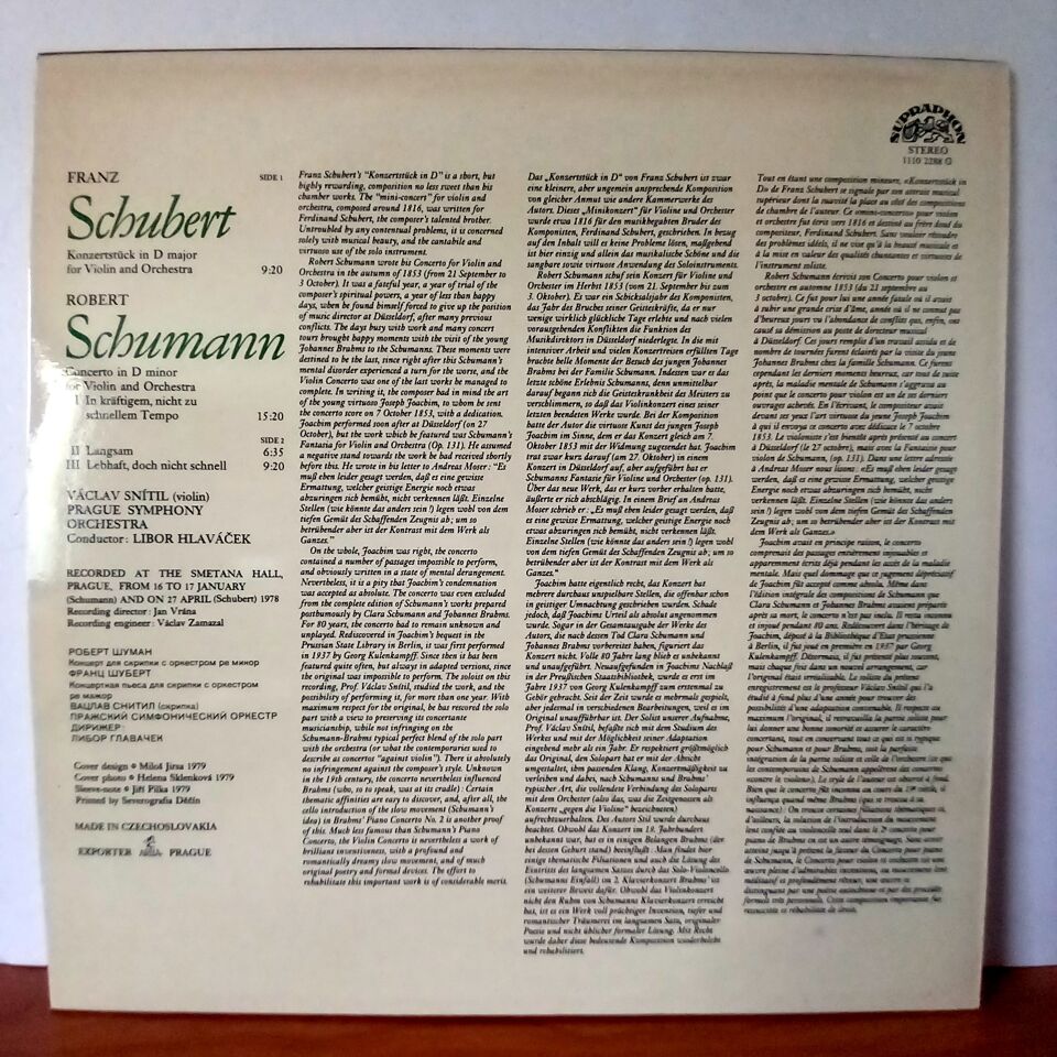 SCHUMANN / SCHUBERT / VIOLIN CONCERTO / KONZERTSTÜCK / PRAGUE SYMPHONY ORCHESTRA, VACLAV SNITIL, LIBOR HLAVACEK (1981) - LP 2.EL PLAK