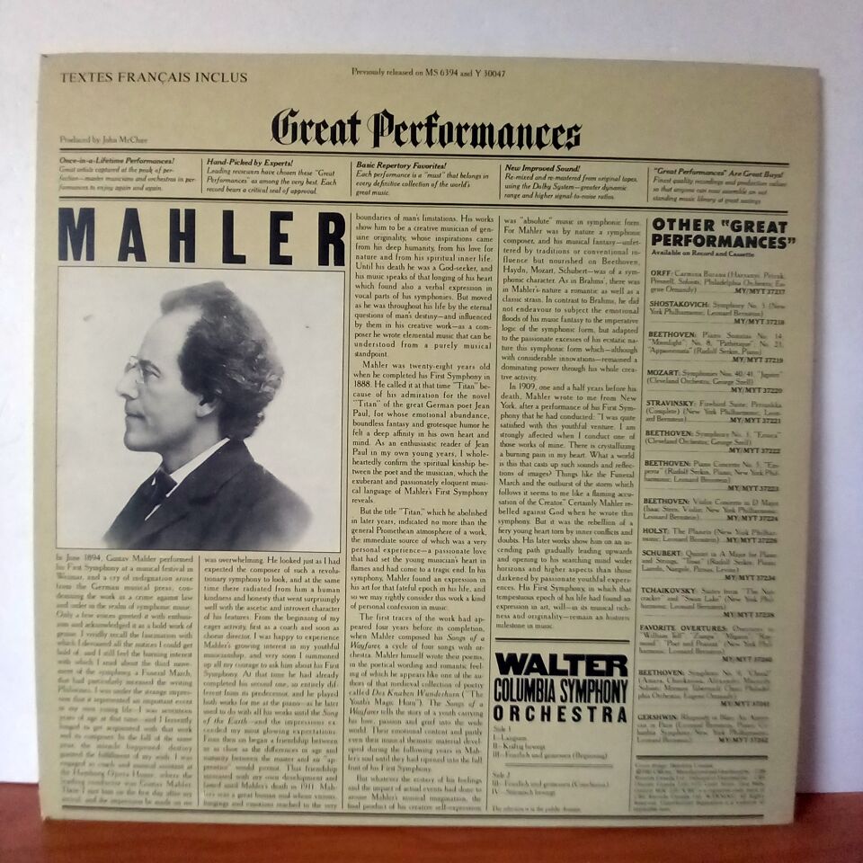 MAHLER / MAHLER\'S 1ST SYMPHONY IN D MAJOR \'\'TITAN\'\' / BRUNO WALTER, COLUMBIA SYMPHONY ORCHESTRA (1981) - LP 2.EL PLAK