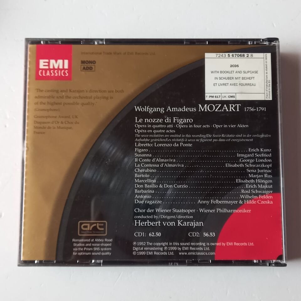 MOZART: LE NOZZE DI FIGARO KUNZ - HERBERT VON KARAJAN, WIENER PHILHARMONIKER (1950) - CD REMASTERED 1999 REISSUE 2.EL