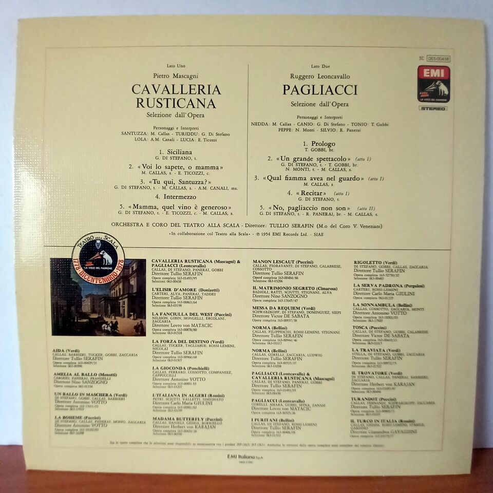 PIETRO MASCAGNI, RUGGIERO LEONCAVALLO, TULLIO SERAFIN, ORCHESTRA DEL TEATRO ALLA SCALA, CORO DEL TEATRO ALLA SCALA, MARIA CALLAS, GIUSEPPE DI STEFANO, TITO GOBBI, ANNA MARIA CANALI, NICOLA MONTI, ROLANDO PANERAI (1978) - LP 2.EL PLAK