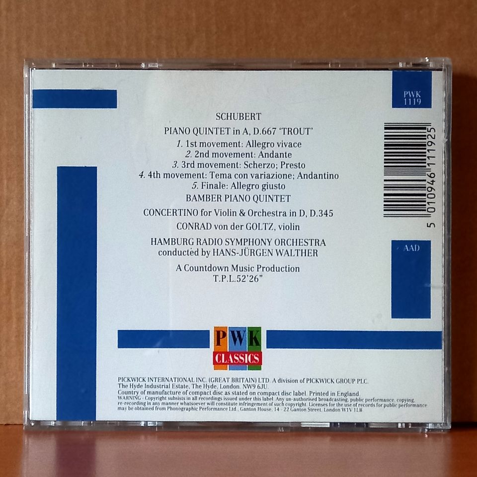 SCHUBERT: PIANO QUINTET IN A, D. 667 ''TROUT'' - CONCERTINO FOR VIOLIN & ORCHESTRA IN D, D.345 / BAMBER PIANO QUINTET, HAMBURG RADIO SYMPHONY ORCHESTRA, HANS-JÜRGEN WALTHER (1988) - CD 2.EL