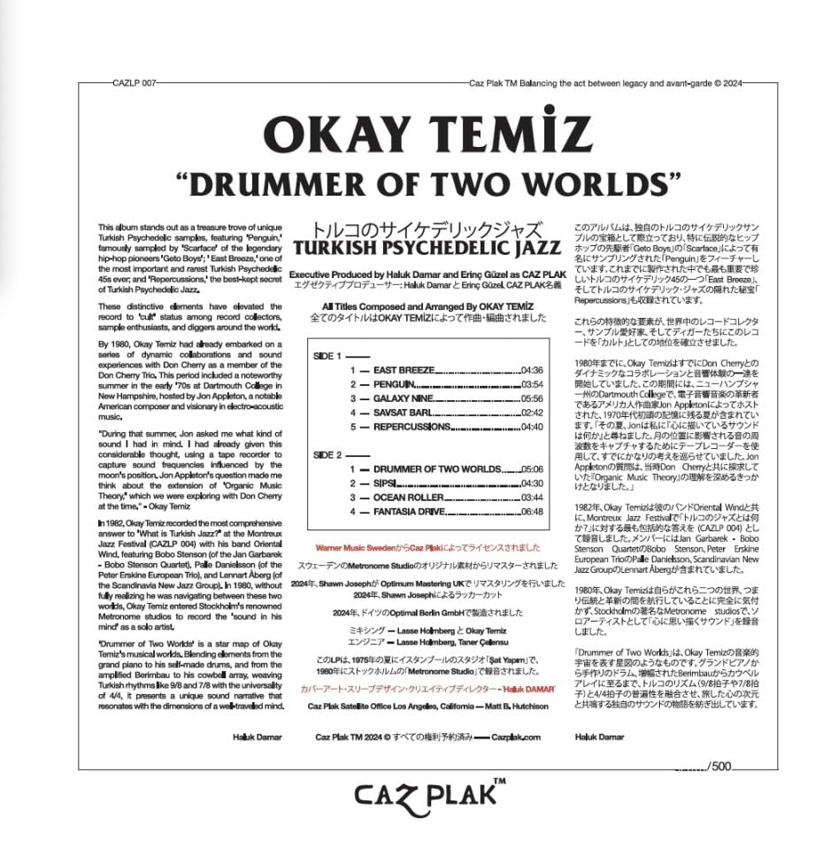OKAY TEMİZ - DRUMMER OF TWO WORLDS (1980) - LP 2024 BASIM JAPONYA EDİSYONU SIFIR PLAK