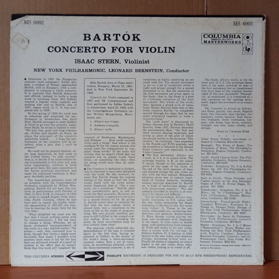 BARTOK: CONCERTO FOR VIOLIN / ISAAC STERN, LEONARD BERNSTEIN, NEW YORK PHILHARMONIC - LP 2.EL PLAK