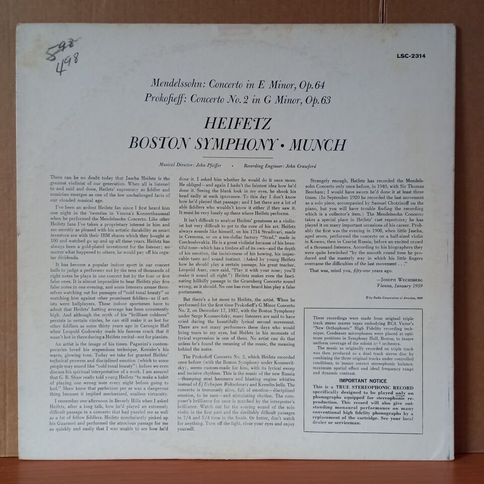 MENDELSSOHN - CONCERTO IN E MINOR, PROKOFIEFF - CONCERTO IN G MINOR / HEIFETZ, MUNCH, BOSTON SYMPHONY (1959) - LP 2.EL PLAK