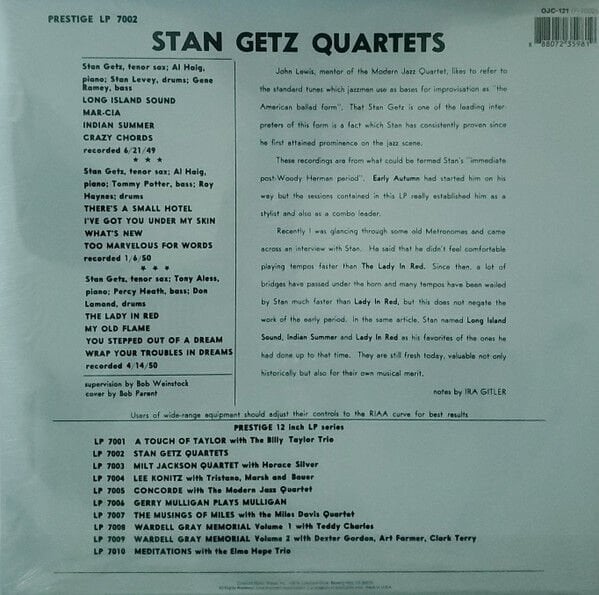 STAN GETZ - STAN GETZ QUARTETS (1955) - LP  2014 REISSUE COMPILATION SIFIR PLAK