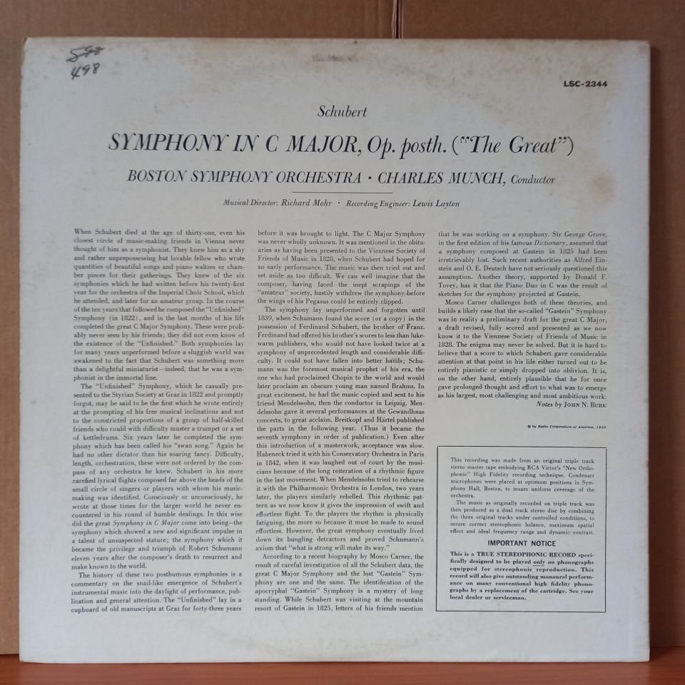 SCHUBERT: SYMPHONY IN C MAJOR ''THE GREAT'' / BOSTON SYMPHONY ORCHESTRA, CHARLES MUNCH (1959) - LP 2.EL PLAK
