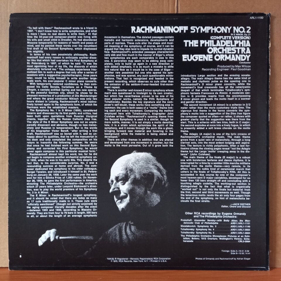 RACHMANINOFF SYMPHONY NO. 2 IN E MINOR [COMPLETE VERSION] / EUGENE ORMANDY, THE PHILADELPHIA ORCHESTRA (1975) - LP 2.EL PLAK