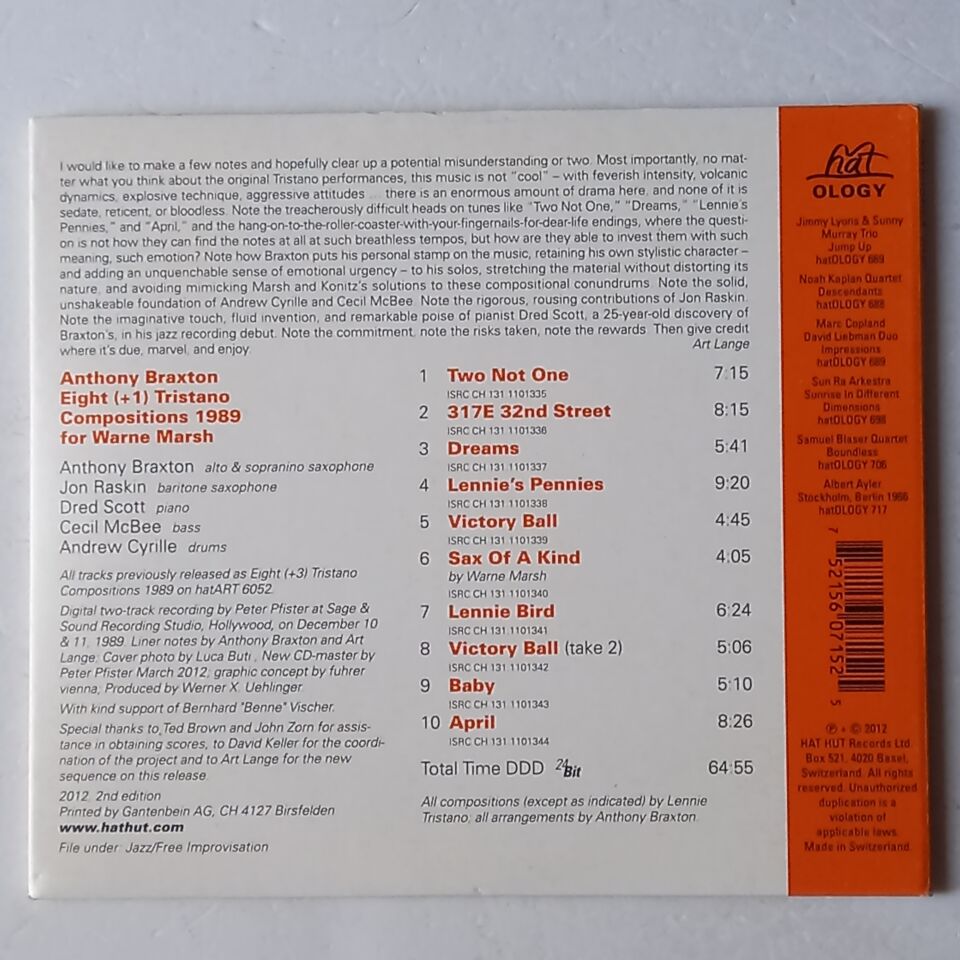 ANTHONY BRAXTON – EIGHT (+1) TRISTANO COMPOSITIONS 1989 / FOR WARNE MARSH (1990) - CD DIGISLEEVE 2012 REMASTERED REISSUE 2.EL