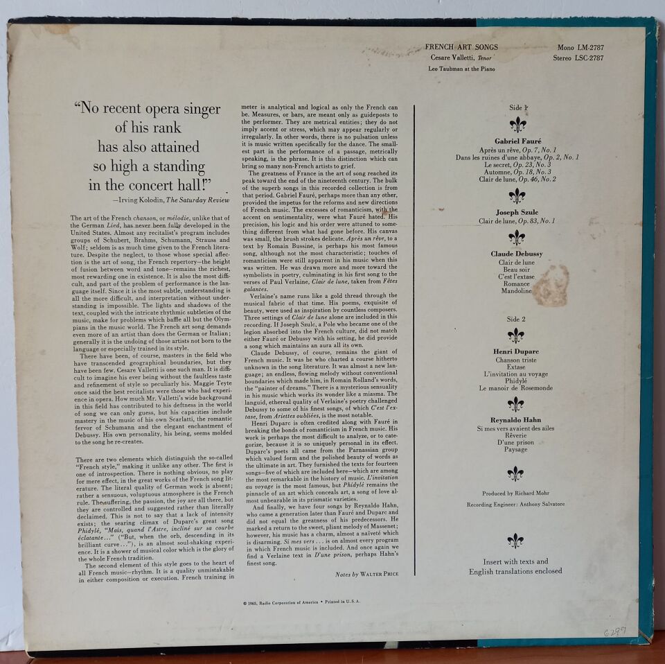 CESARE VALLETTI, LEO TAUBMAN – FRENCH ART SONGS (1965) - LP 2.EL PLAK