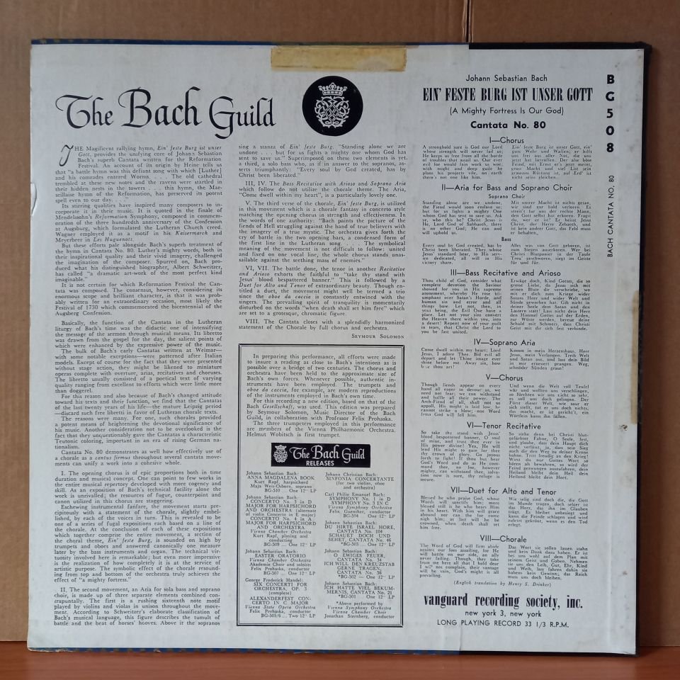 JOHANN SEBASTIAN BACH: CANTATA NO. 80 / EIN' FESTE BURG IST UNSER GOTT / VIENNA CHAMBER ORCHESTRA AND AKADEMIE CHOIR CONDUCTED BY FELIX PROHASKA (1951) - LP 2.EL PLAK