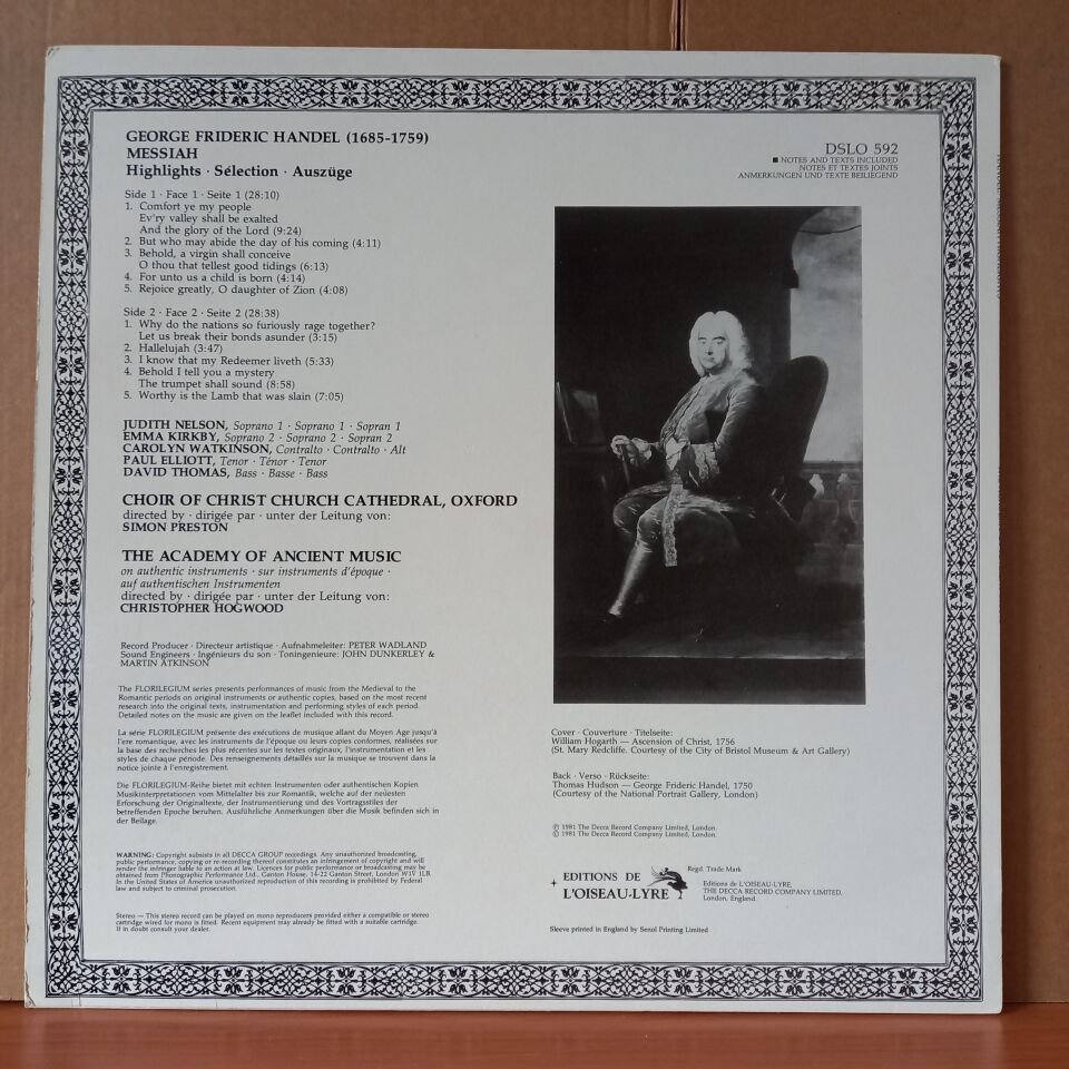HANDEL: MESSIAH • A SACRED ORATORIO [HIGHLIGHTS • SELECTION • AUSZÜGE] / NELSON • KIRKBY • WATKINSON • ELLIOTT • THOMAS • CHOIR OF CHRIST CHURCH CATHEDRAL, OXFORD • THE ACADEMY OF ANCIENT MUSIC • CHRISTOPHER HOGWOOD (1981) - LP 2.EL PLAK