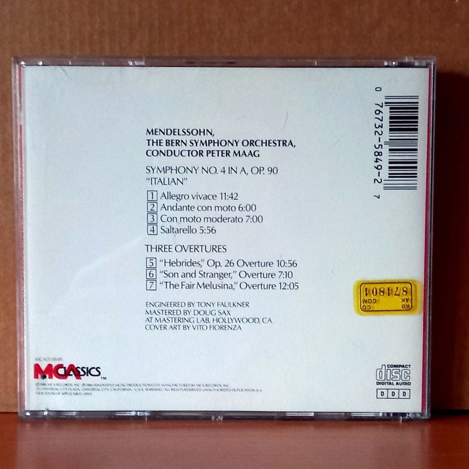 MENDELSSOHN: SYMPHONY NO. 4 'ITALIAN' / THREE OVERTURES: 'HEBRIDES' 'SON AND STRANGER' 'THE FAIR MELUSINA' / THE BERN SYMPHONY ORCHESTRA, PETER MAAG (1986) - CD 2.EL