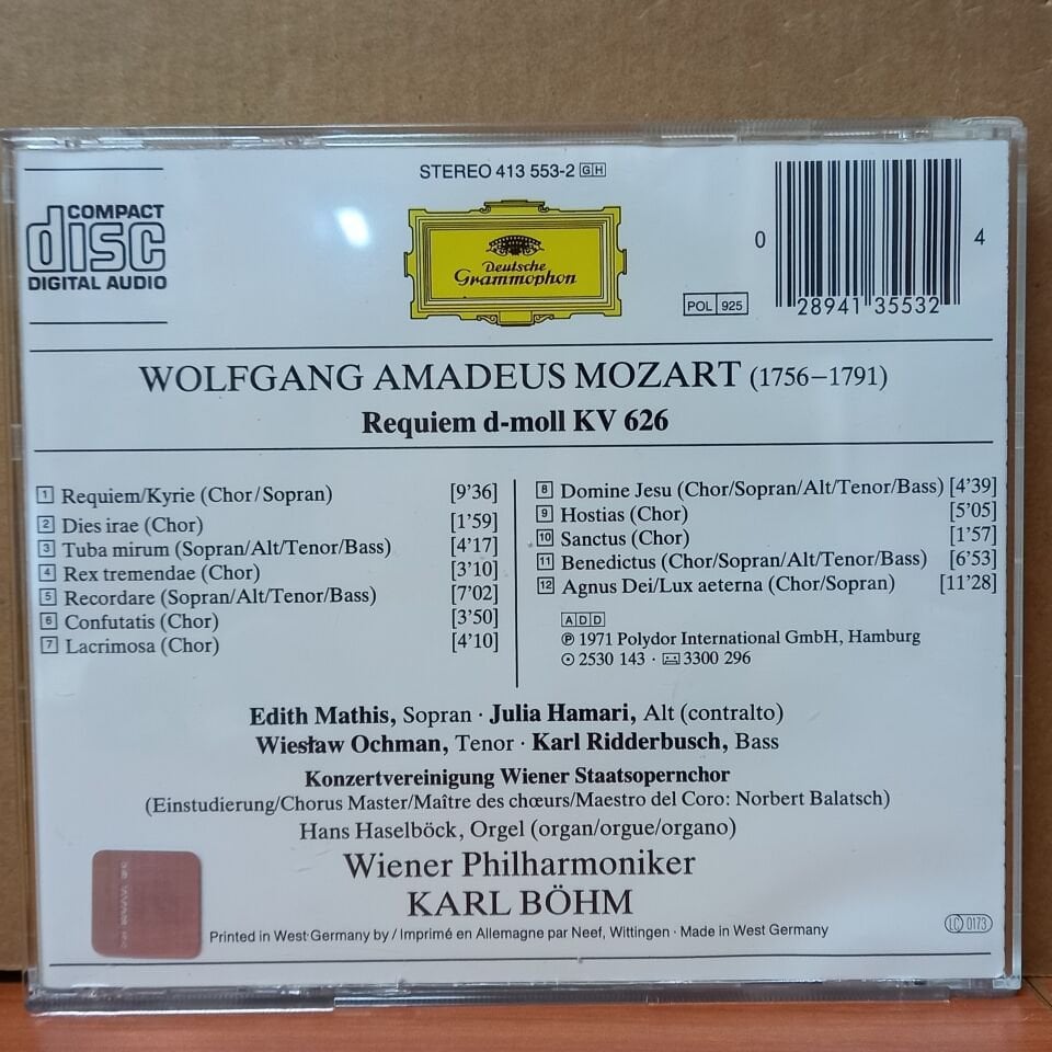 MOZART - REQUIEM / EDITH MATHIS, JULIA HAMARI, WIESLAW OCHMAN, KARL RIDDERBUSCH, KONZERTVEREINIGUNG WIENER STAATSOPERNCHOR - CD 2.EL