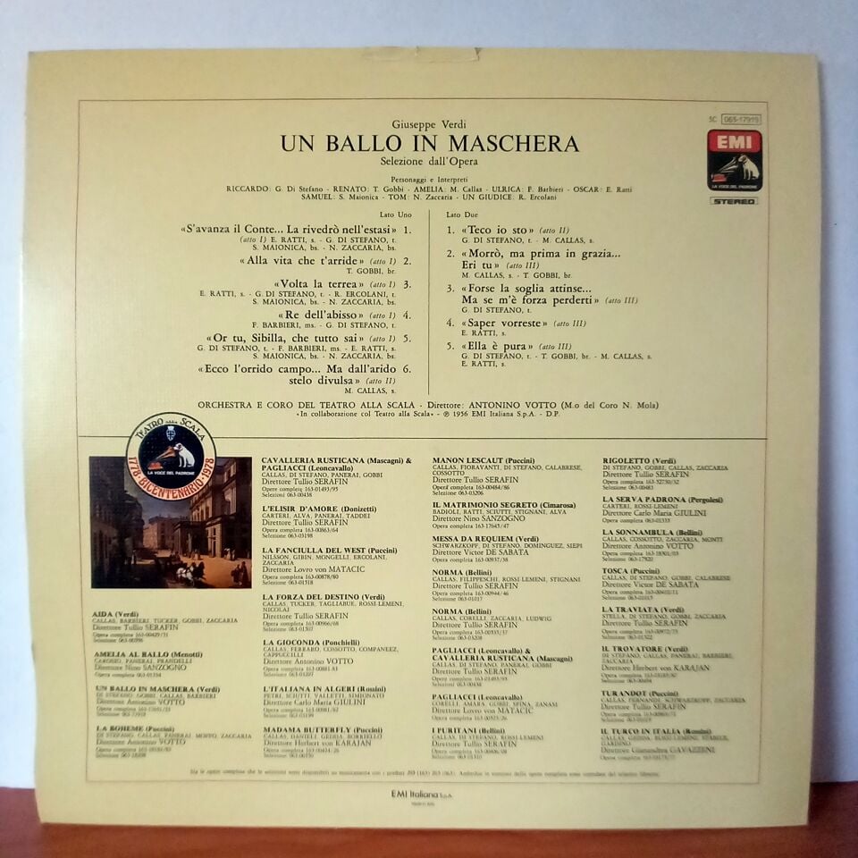 GIUSEPPE VERDI: UN BALLO IN MASCHERA / SELEZIONE DALL\' OPERA / MARIA CALLAS, GIUSEPPE DI STEFANO, TITO GOBBI, FEDORA BARBIERI, ORCHESTRA E CORO DEL TEATRO ALLA SCALA (1978) - LP 2.EL PLAK
