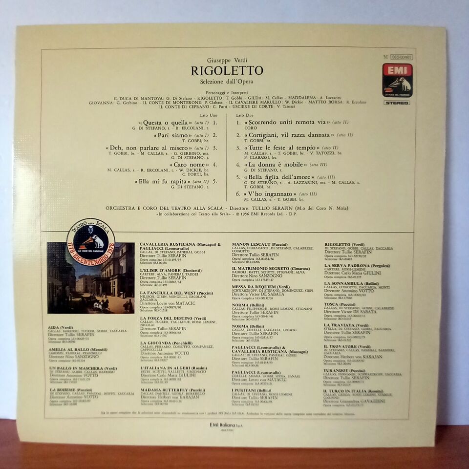 GIUSEPPE VERDI: RIGOLETTO / GIUSEPPE DI STEFANO, TITO GOBBI, MARIA CALLAS, ORCHESTRA DEL TEATRO ALLA SCALA, TULLIO SERAFIN (1978) - LP 2.EL PLAK