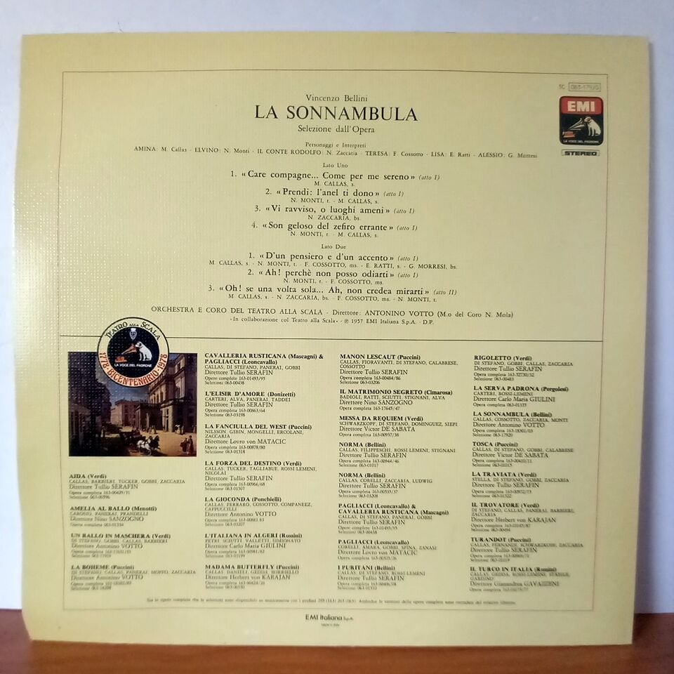 VINCENZO BELLINI: LA SONNAMBULA / MARIA CALLAS / NICOLA MONTI / FIORENZA COSSOTTO / EUGENIA RATTI / NICOLA ZACCARIA / CORO E ORCHESTRA DEL TEATRO ALLA SCALA / ANTONINO VOTTO – SELEZIONE DALL\'OPERA (1978) - LP 2.EL PLAK