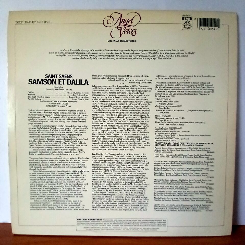 CAMILLE SAINT-SAENS: SAMSON ET DALILA - HIGHLIGHTS / JON VICKERS, RITA GORR, ERNEST BLANC, RENE DUCLOS CHORUS & PARIS OPERA ORCHESTRA, GEORGES PRETRE (1986) - LP 2.EL PLAK