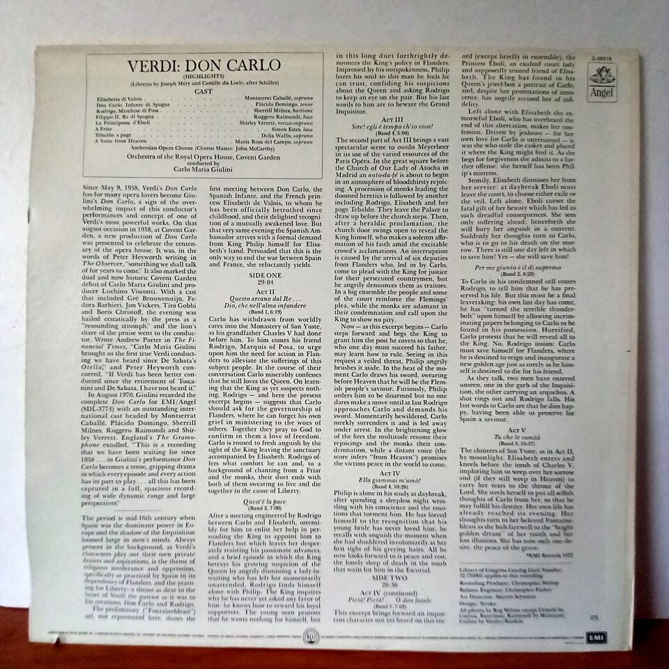 VERDI: DON CARLO HIGHLIGHTS / PLACIDO DOMINGO, MONTSERRAT CABALLE, SHERRILL MILNES, RUGGERO RAIMONDI, SHIRLEY VERRETT, CARLO MARIA GIULINI, THE AMBROSIAN OPERA CHORUS, ORCHESTRA OF THE ROYAL OPERA HOUSE, COVENT GARDEN (1978) - LP 2.EL PLAK