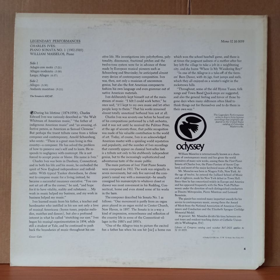 CHARLES IVES: PIANO SONATA NO. 1 / WILLIAM MASSELOS (1967) - LP 2.EL PLAK