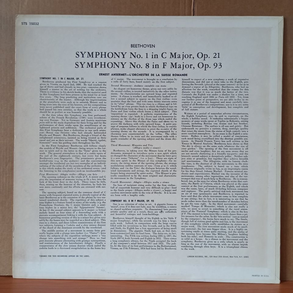 BEETHOVEN:  SYMPHONY NO. 1 IN C MAJOR, OP. 21, SYMPHONY NO. 8 IN F MAJOR, OP. 93 / L'ORCHESTRE DE LA SUISSE ROMANDE, ANSERMET - LP 2.EL PLAK
