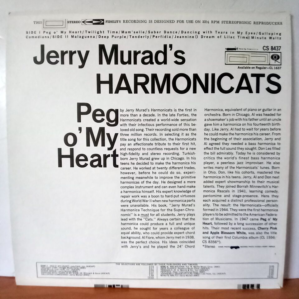 JERRY MURAD'S HARMONICATS – PEG O' MY HEART (1961) - LP 2.EL PLAK