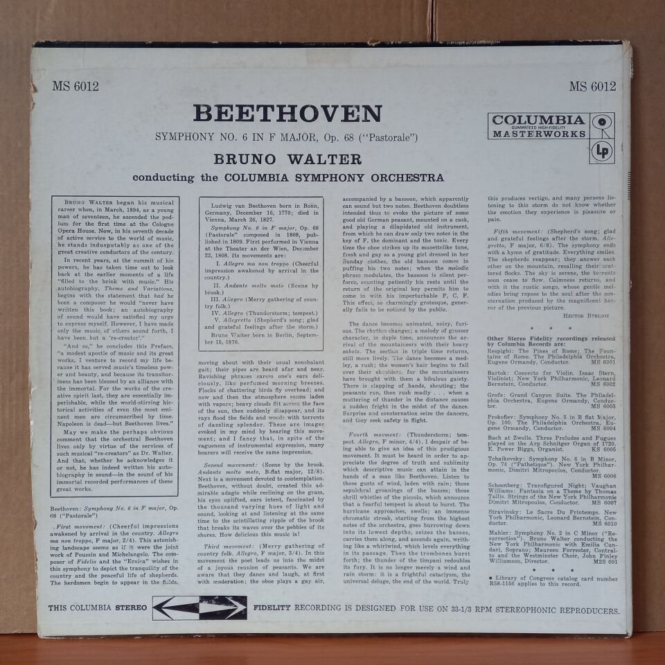 BEETHOVEN: SYMPHONY NO. 6 IN F MAJOR, OP. 68 ''PASTORALE'' / BRUNO WALTER, COLUMBIA SYMPHONY ORCHESTRA - LP 2.EL PLAK